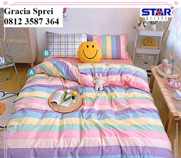 <p>Sprei Katun Rainbow Boom dengan motif kekinian 